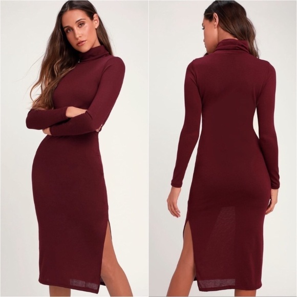 Lulus Burgundy Turtleneck Fall Midi Sweater Dress - Picture 1 of 7